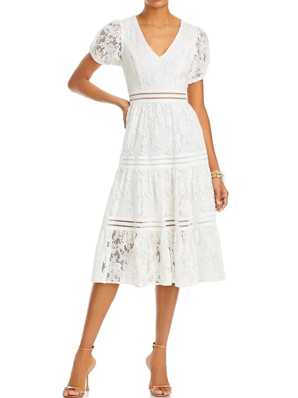Aqua White Lace V-Neck Midi Dress with Puff Sleeves